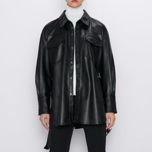 Zara| Women’s Oversized Black Faux Leather Shirt Jacket- Size S